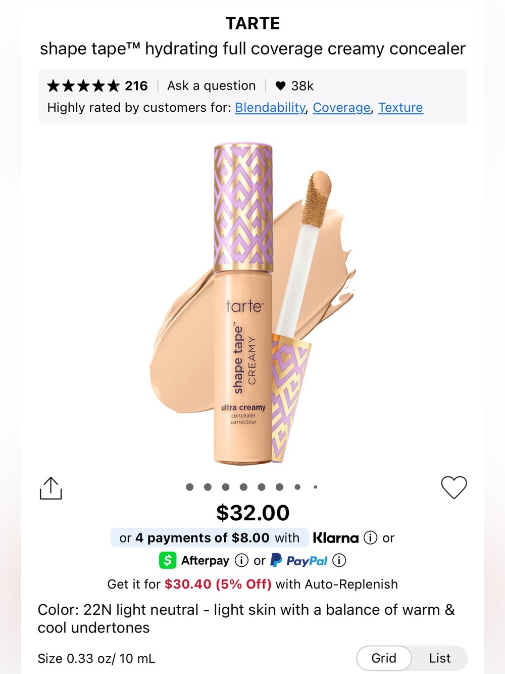 tarte Shape Tape Creamy Concealer — Light Neutral (beige, purple accents)